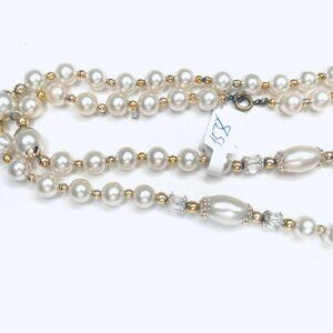 ✨ Vintage Faux Pearl & Crystal Necklace • 1970s Elegance • 70 cm